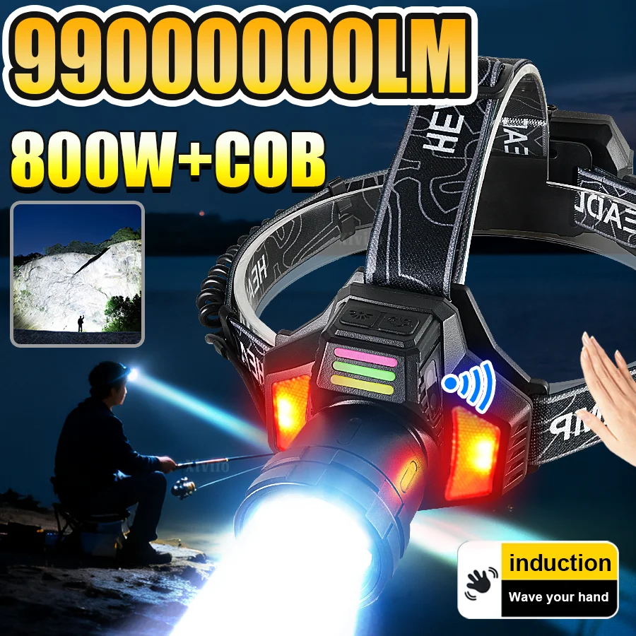 

99000000LM Новый супер высокой мощности светодиодный фара ультра мощный USB перезаряжаемый с датчиком движения фара на открытом воздухе новое обновление 800W + COB светодиодный зум голова фонарь рыбалки аварийный свет
