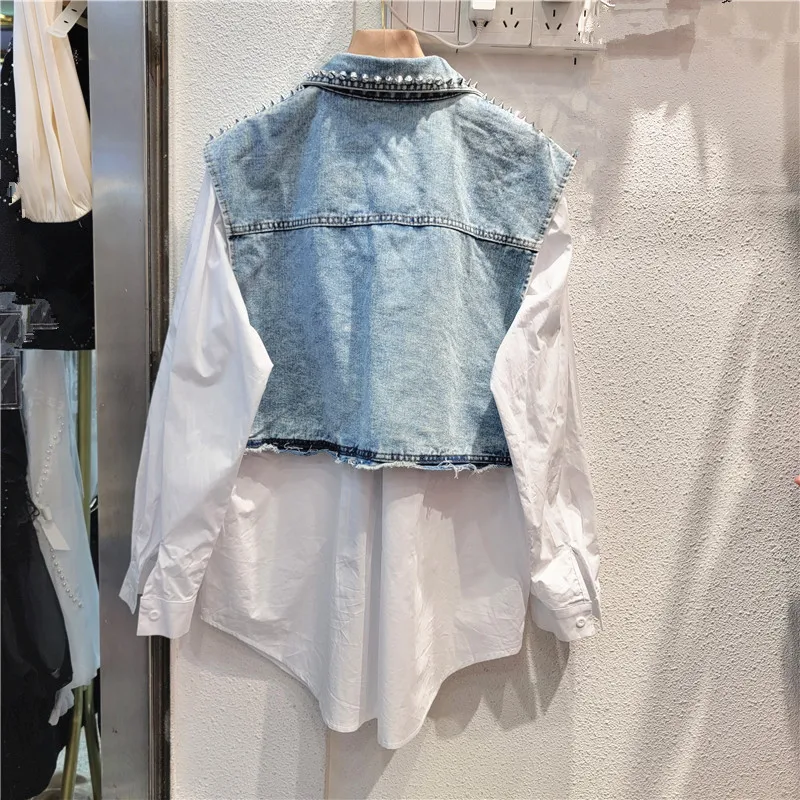 Heavy Craft Heart Beaded Denim Vest Fake Two-Piece Shirt for Women, New Style Loose Slimming Mid-Length Street Blouse