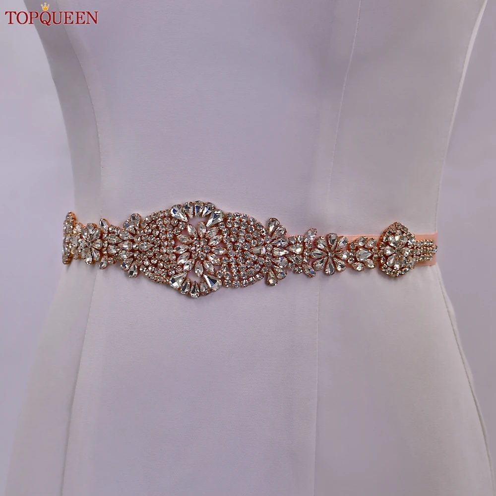 Topqueen-Rose Gold Rhinestone Nupcial Cinto De Casamento, Cinto De Vestido Das Mulheres, Applique De Pedra, Vestidos De Madrinha Acessórios, S123-RG