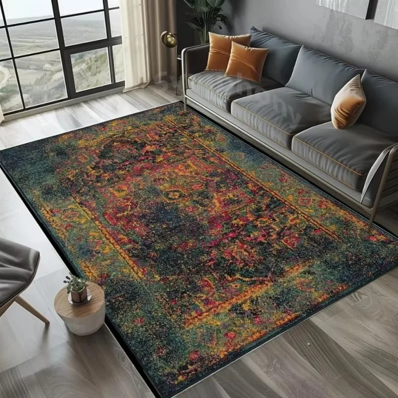 Distressed Rug Flannel Carpet Vintage Faded Ethnic Geometric Pattern Print Home Decor Mat for Living Room Bedroom Floor Decorate