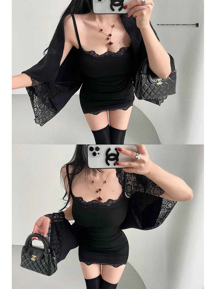 

Young Girl Day Pure Desire Loose Long Sve Lace Splice Knitted Cardigan Women's Top irt oulder Wrap Outerwear