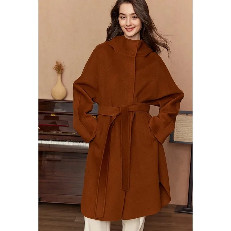 French Hepburn Style Caramel Cashmere Hoodie Coat Women Medium Long Length Slimming Fit High-end Hooded Woolen Overcoat Jacket