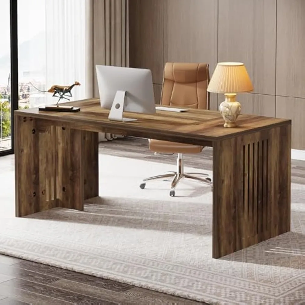 

63-Inch Executive Desk, Farmhouse Large Wood Computer Writing Conference Table with Sturdy Wooden Legs, Business Furniture