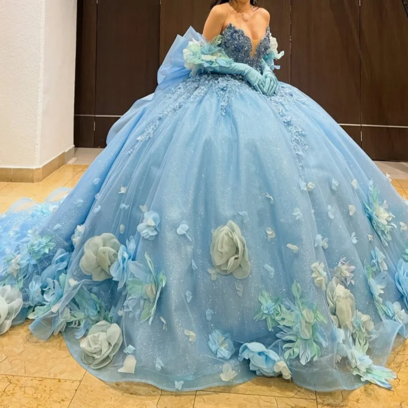 

Небесно-голубое платье Quinceanera с открытыми плечами, блестящие кристаллы, 3D цветок, наклейка, большой бант, Vestidos De 15, Quinceanera ﻿ Настроить