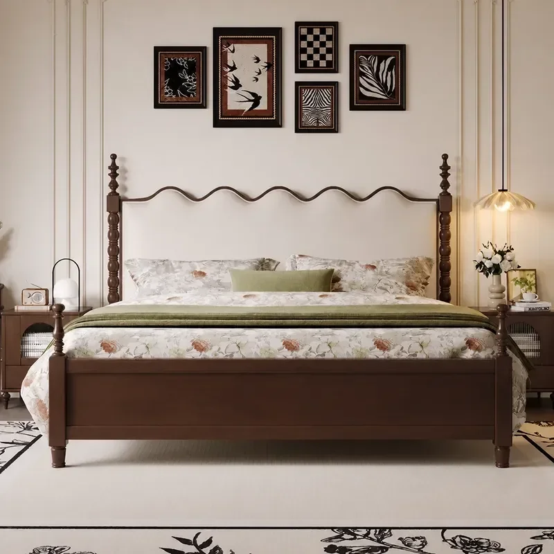 Medieval French Minimalist Antique Wooden Bed Soft Upholstered Double Bed Retro American Style 1.5m 1.8m Wedding Bedroom