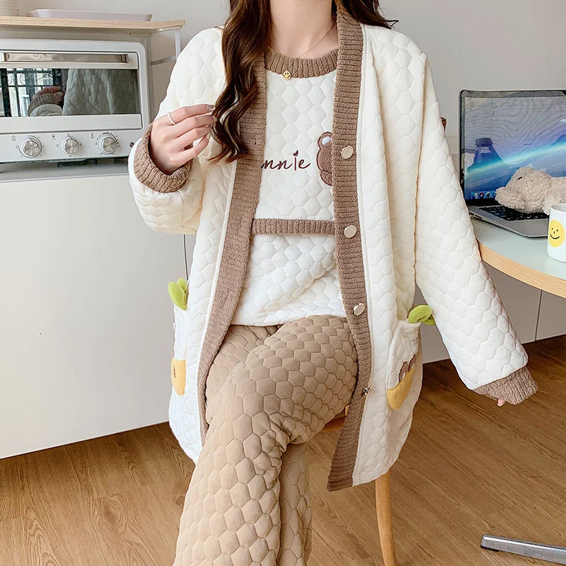 Spring Autumn Woman 3 Pieces Pajamas Sets Sleepwear  Long Pants Long Sleeved Cotton postpartum breastfeeding Home wear