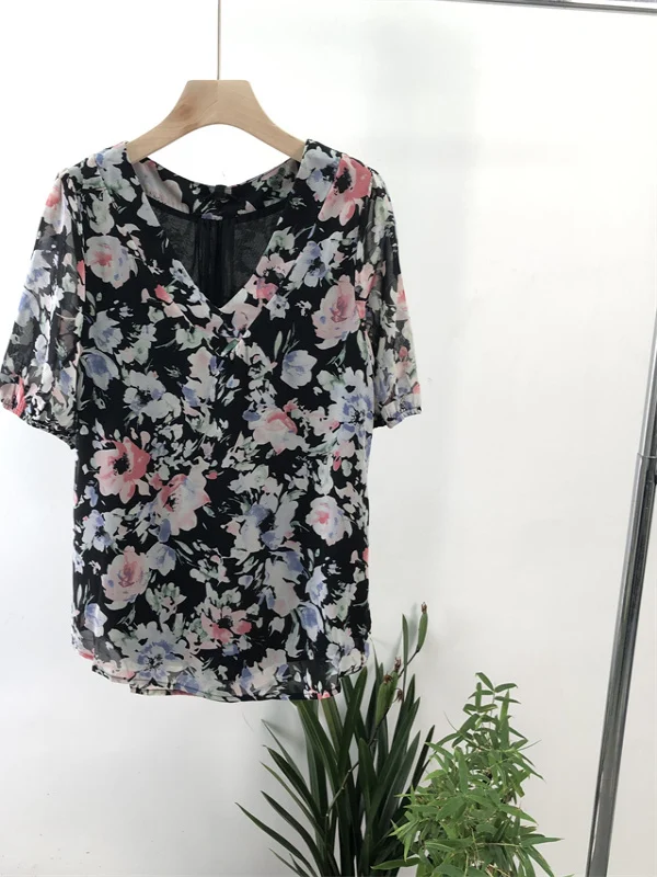 เสื้อผู้หญิงลายดอกไม้ฤดูร้อน ไซส์ใหญ่ คอวี ผ้าชีฟอง แขนยาว ผ้าโพลีเอสเตอร์ 100% ความยาวปกติ