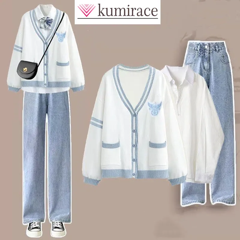 

Spring and Autumn Fashion Women's Set Korean Knitted Cardigan Coat+Shirt+Reduced Age Jeans 3-Piece Set Trendy