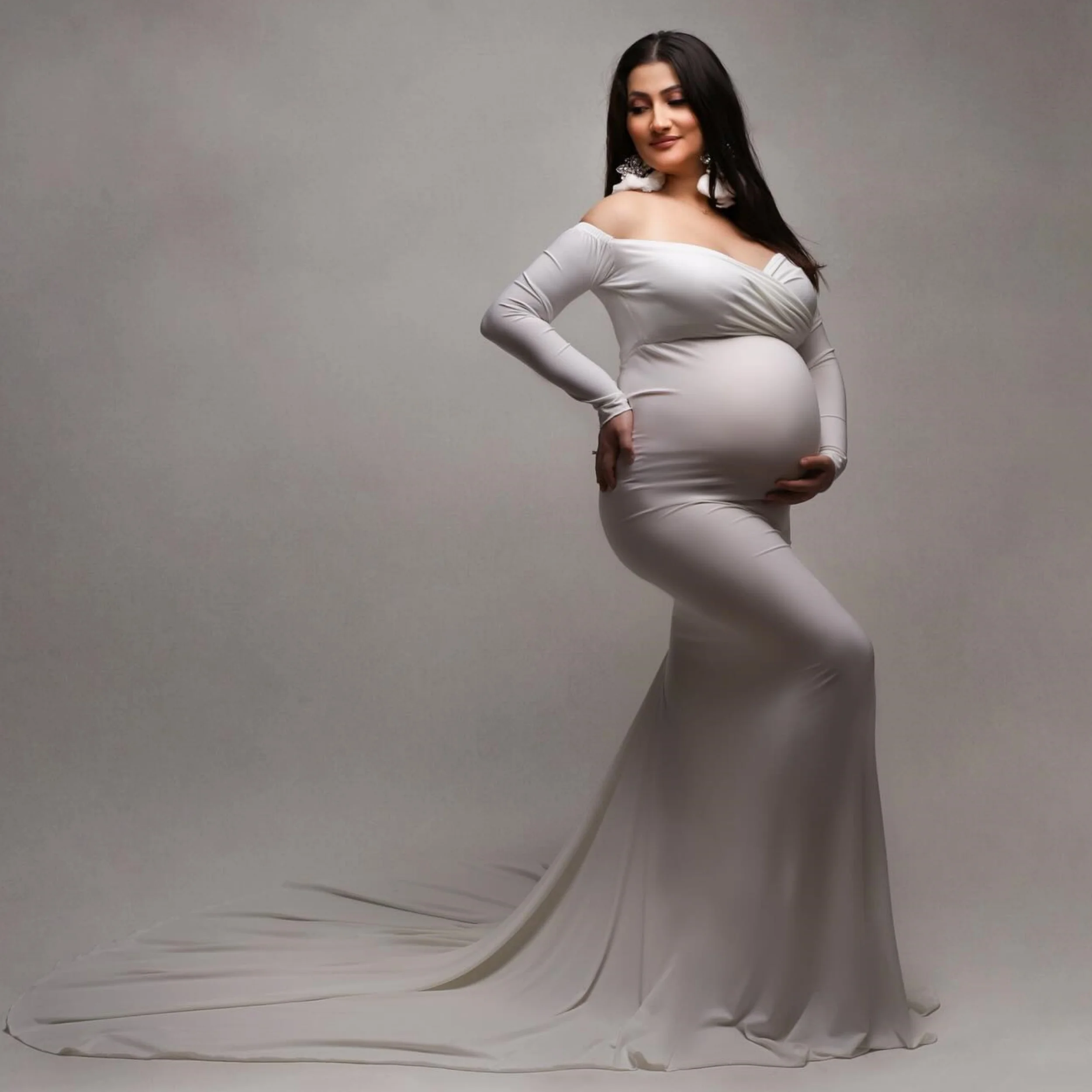 

White Mermaid Maternity Dresses Simple Sweetheart Long Sleeves Vestidos For Baby Shower Photoshoot Pros Pregnant Woman Gowns