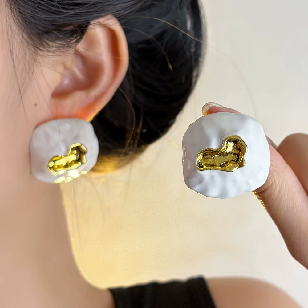 French Retro Enamel Drop Glaze Pleated Square Earrings Trendy And Exaggerated Stud Earrings Women's Jewelry Accessories