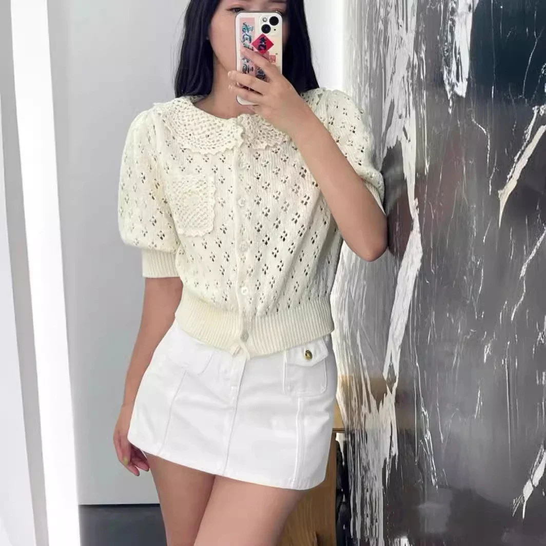 Ele European Sle ort Sve Knitted Open Cardigan Hollow out Retro Hook Flower Collar Versatile Slimming Women's Top