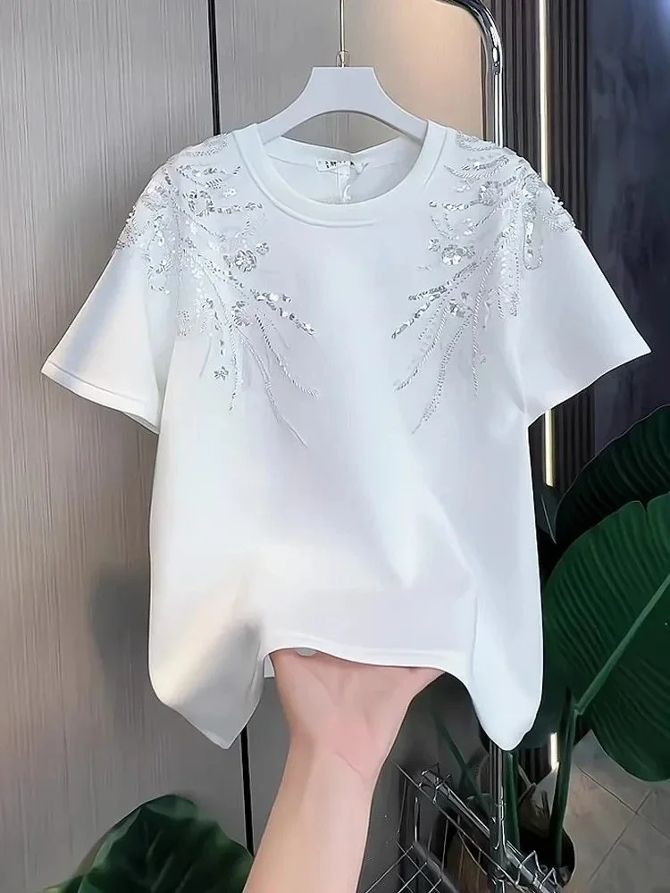 2026 Ropa Mujer White Tshirts For Women O-neck Short Sleeve Tees Fashion Sequin Diamond Camisetas Loose Casual Summer T-shirt