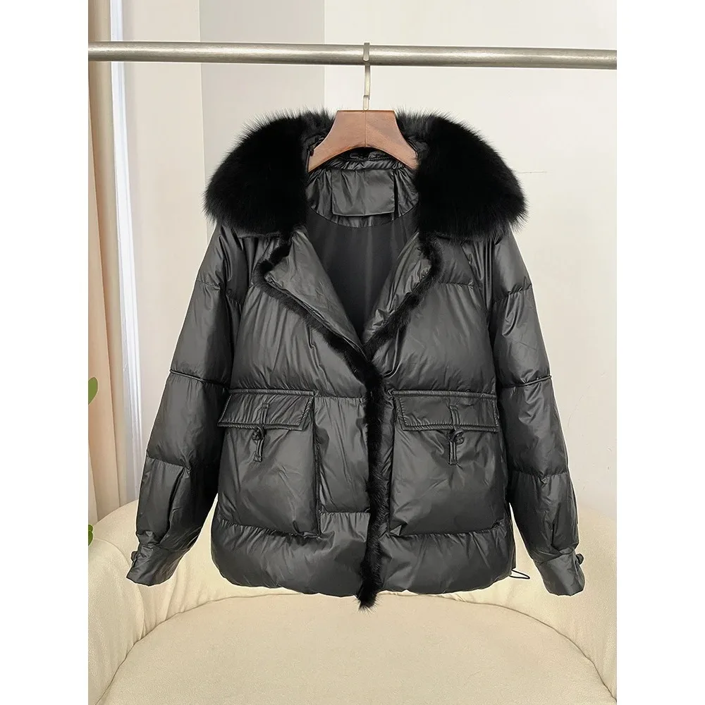 Autumn Winter Fashion Fox Fur Collar Spliced 90% White Duck Down Thickened Warm Women Korean Style Loose Casual Down Jacket