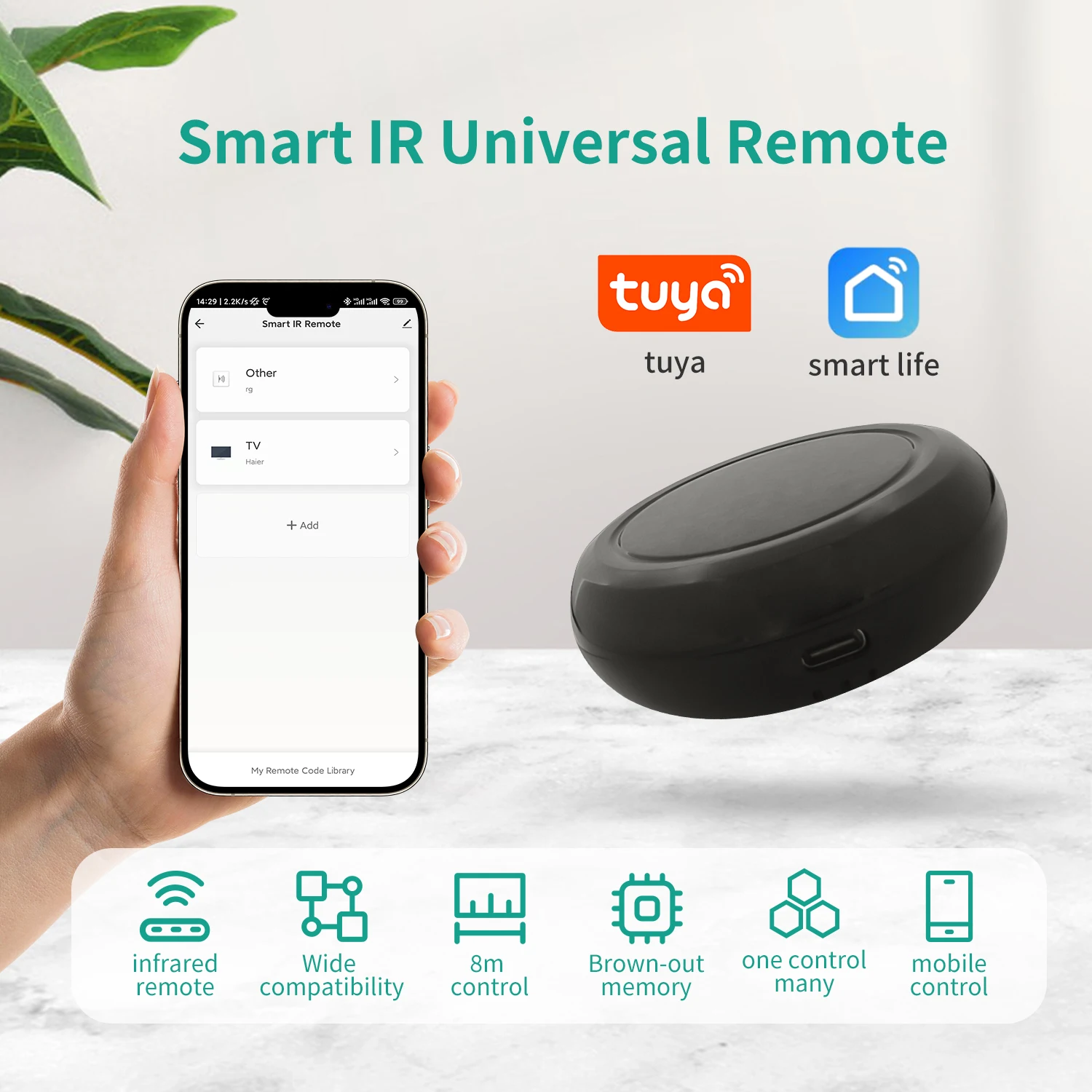 

Tuya WiFi Infrared Remote Control Mini Smart Home Remote Control For TV DVD By Google Assistant Alexa