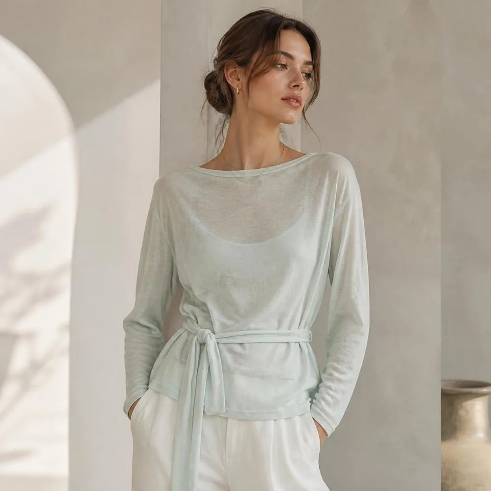 Simple Sheer Long Sleeve T-Shirt Back Tied-up Loose Oversize T-Shirt Off Shoulder Waist-Cinching Top Summer Season