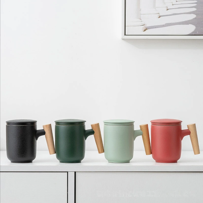 Tea Separation Mug Ceramic Frosted Tea Cup Household Office Wooden Handle Mug With Lid Filtration Ceramic and Pottery Cups Mugs