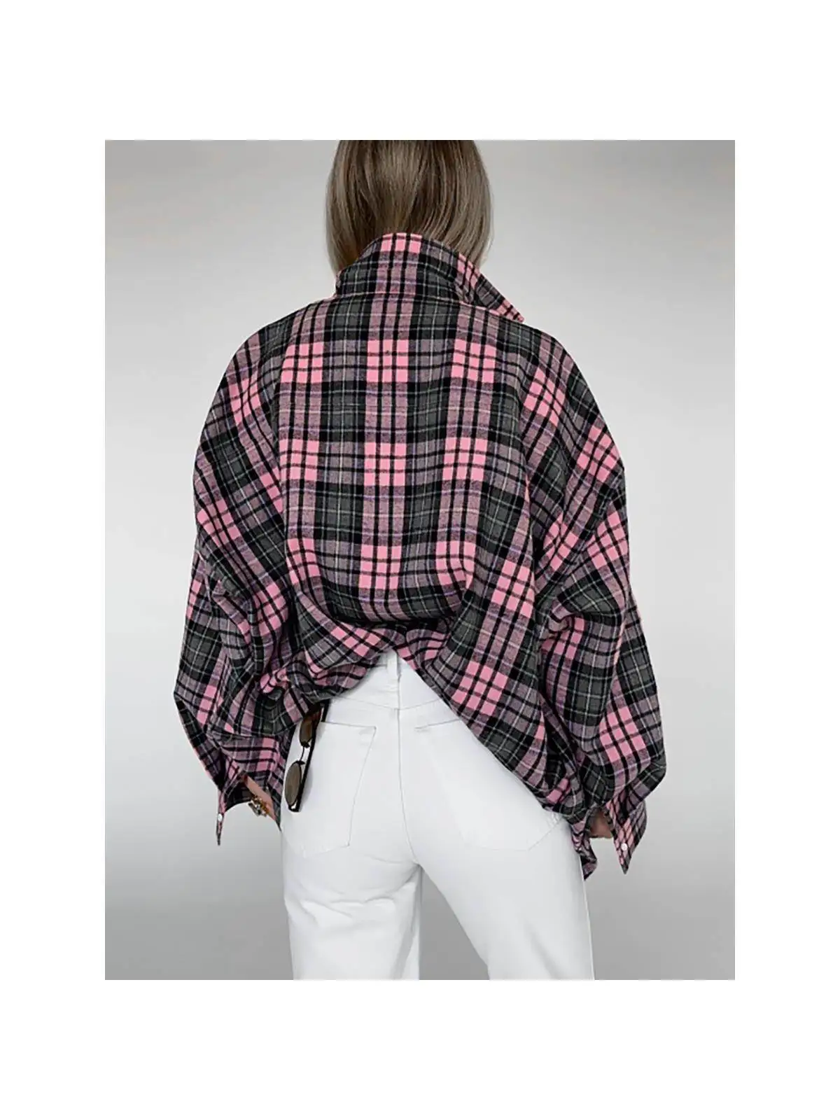 

Faionable Loose Collar Plaid Long Sve irt Women's Casual Sle Straight Cut Knot Linen Hemp Blend Thin Warmt...