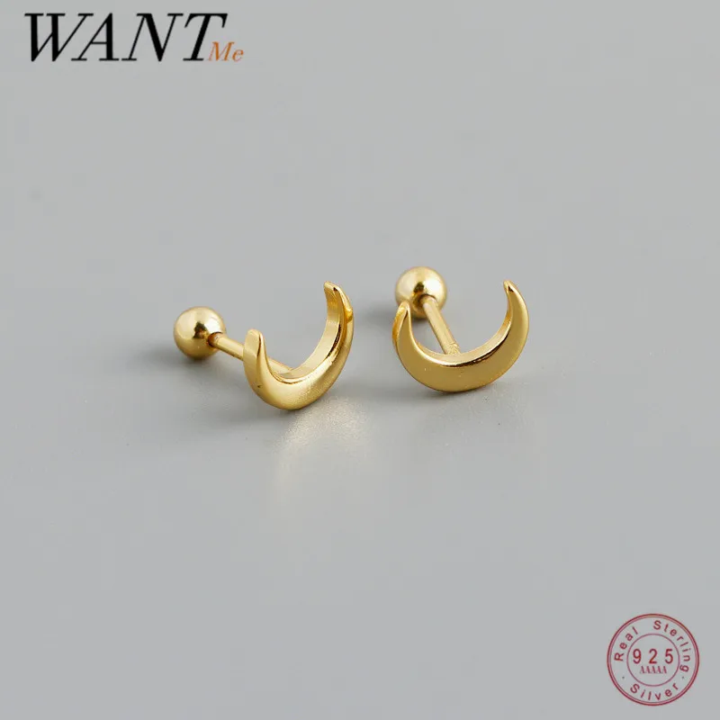 WANTME 925 Sterling Silver Minimalist Glossy Gold Ear Bones Moon Spiral Beads Small Stud Earrings for Women Cute Chic Jewelry