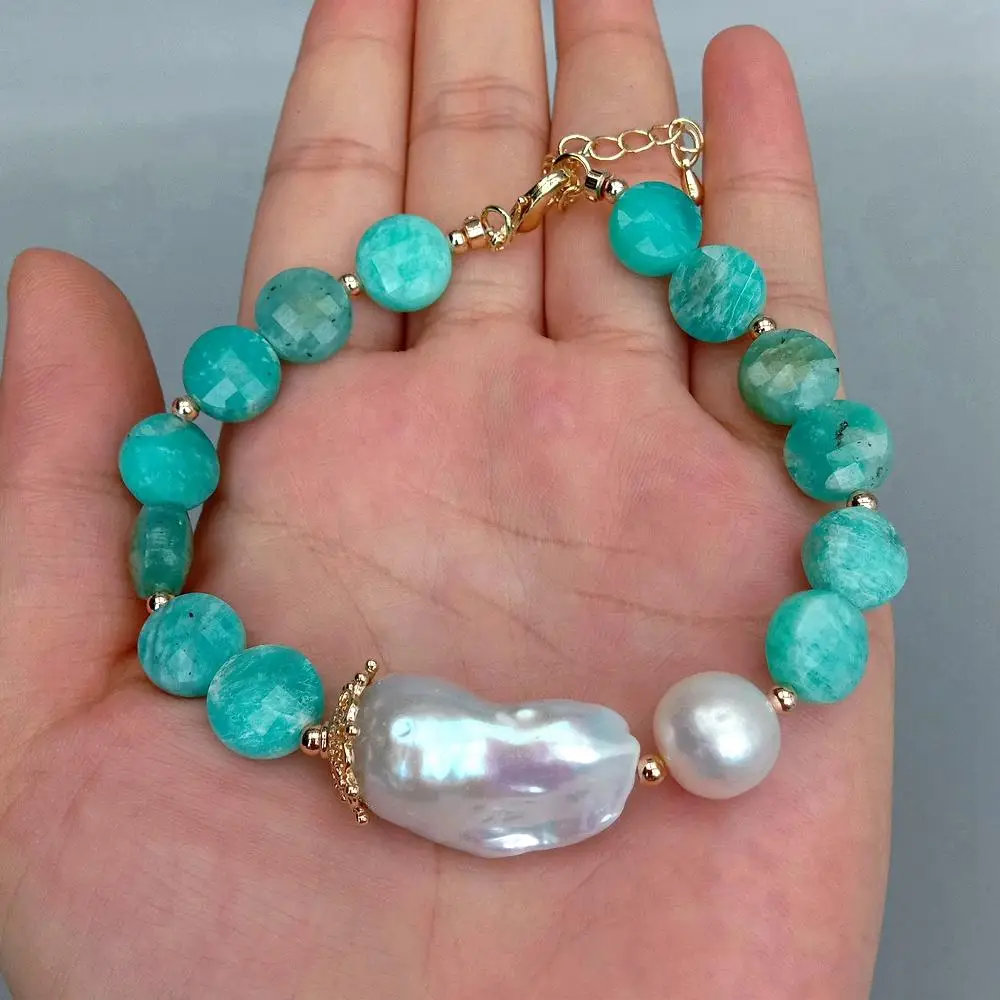 YYGEM 11mm Natural Green Peruvian Amazonite Coin Shape Beaded 15x28mm  Freshwater Cultured White Keshi Baroque Pearl Bracelet