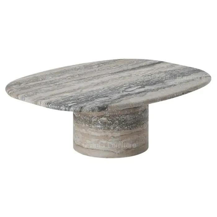 Beige limestone modern durable decorative coffee table with checkerboard table and recessed post legs, suitable for living rooms