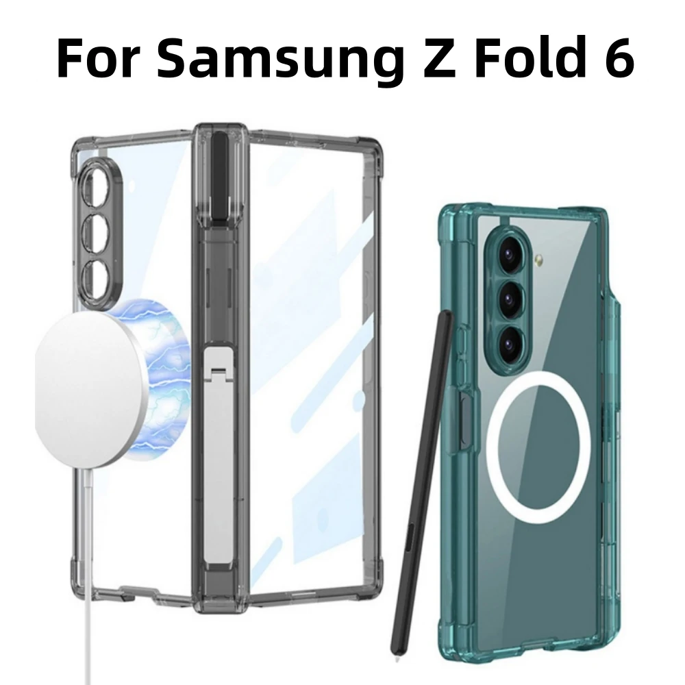 

Magnetic Transparent Phone Case+Holder+Pen Slot for Samsung Z Fold 6 Accessory Full Cover Folding Mobile Phone Case