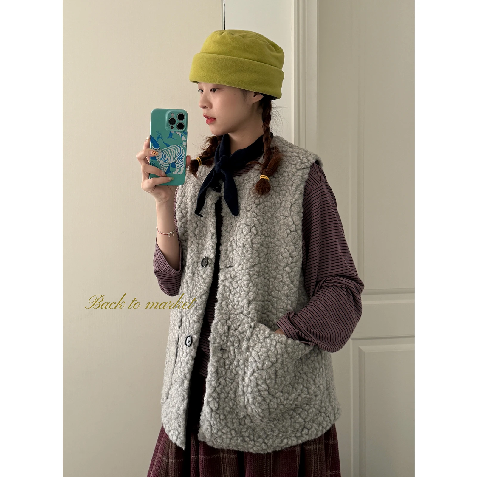 

July 00% Wool Lamb Fur Vest Double-Sided Wearable eep Soundl Vest Commute Sle round Ne Single-Button Closure Pure C...
