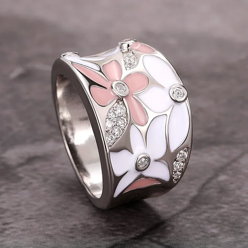 2024 Aesthetic Enamel Flower Finger Ring for Women Wedding Party New 2023  Silver Color Luxury Cubic Zirconia Jewelry Gift