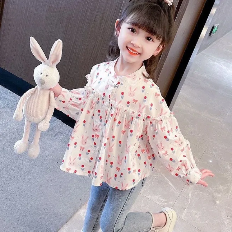 Girls Floral Shirt Spring Autumn Stand Collar Baby Doll Top Kids Clothing New Arrival Children Blouse
