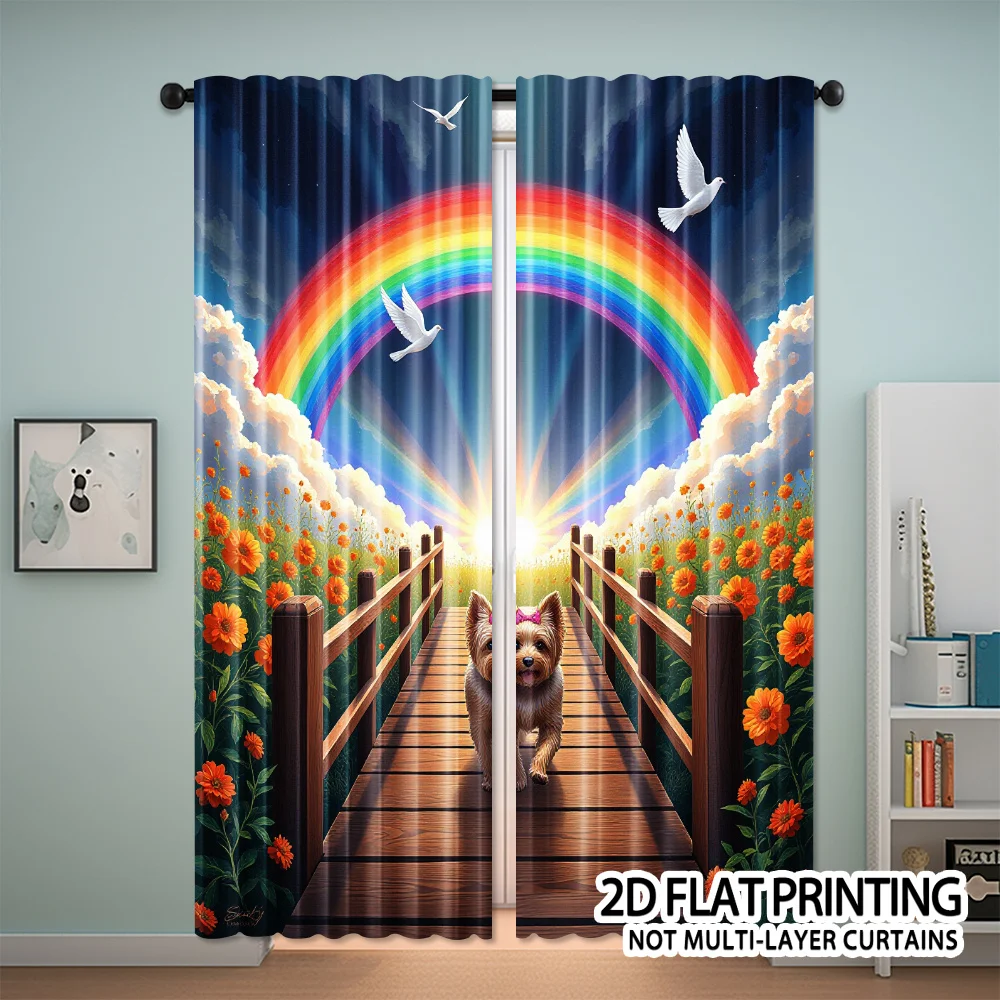 Rainbow Bridge Dog Curtain, Pet Memorial Rainbow Pattern Drape, Hopeful Heaven Window Treatment for Living Room Bedroom Home