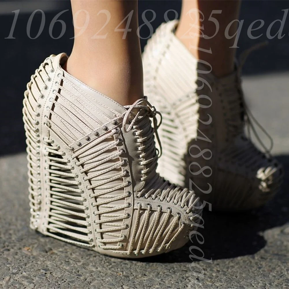 

Women's Beige Wedge Ankle Boots, Closed Toe, Lace-Up Strappy Design, Cage Cutout with Metal Trim, Hidden Platform Heel Shoes