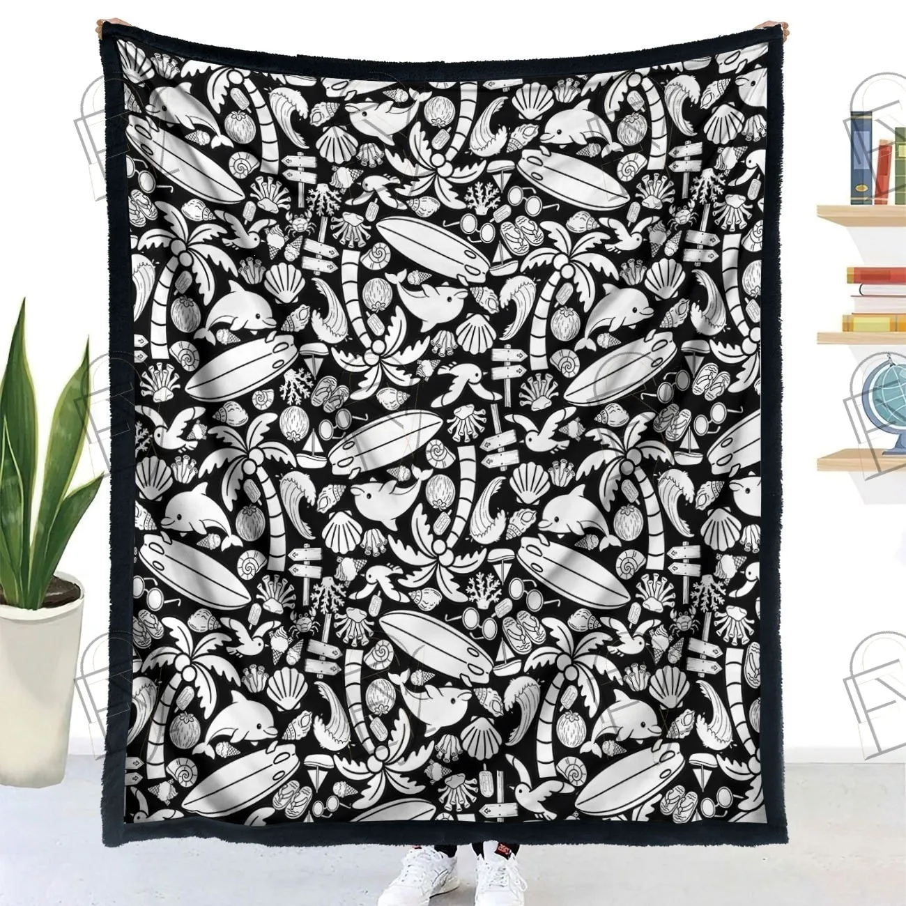Throw Blanket Soft Tropical Summer Beach Surfboard Coconut Tree Dolphin Ocean Vacation Style Plush Couch Quilt
