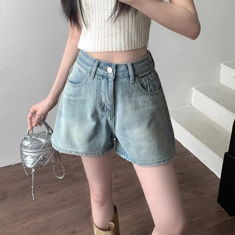 Retro High-waist Denim Wide-leg Shorts for Women New Summer Loose Breasted Pants