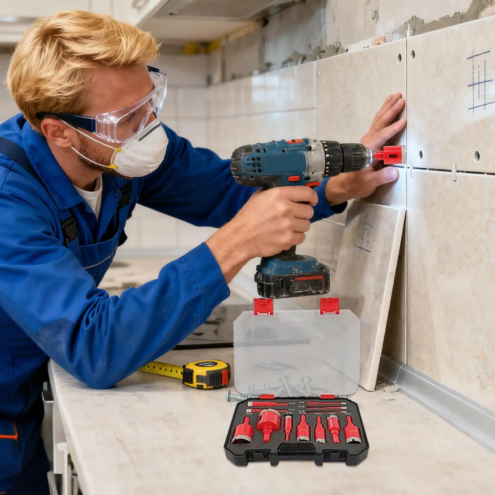 Pemotong Lubang Ubin Anti Selip dengan Kotak Penyimpanan Mata Bor untuk Ubin Porselen untuk Renovasi Rumah Perbaikan Dinding Kabel Listrik
