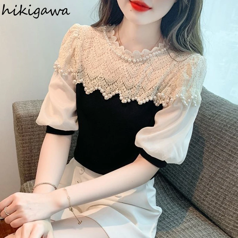 Contrast Color Blusas De Mujer Short Sleeve O-neck Blouses for Women Patchwork Lace Beading Tops Puff Sleeve Sweet Summer Shirts