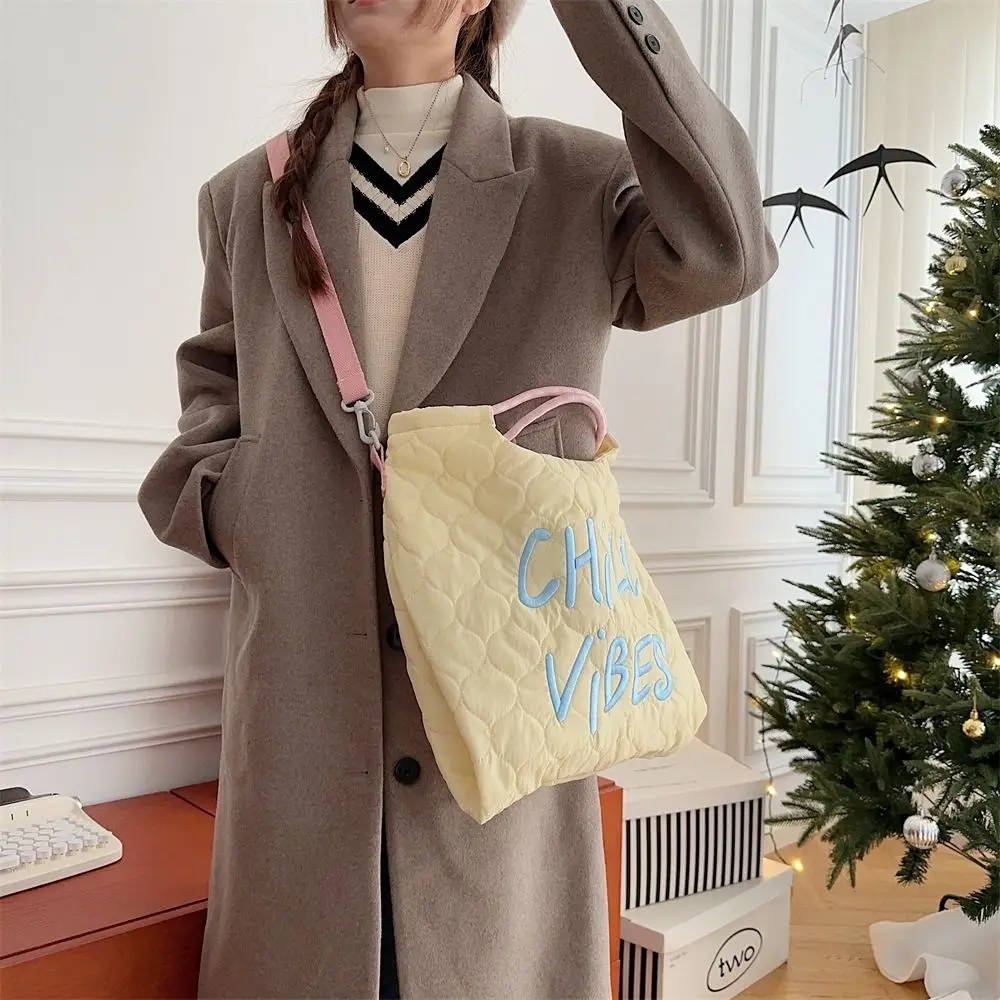 Large Capacity Drawstring Puffer Tote Bag Lightweight All-match Nylon Padded Tote Bag Candy Color Embroidery