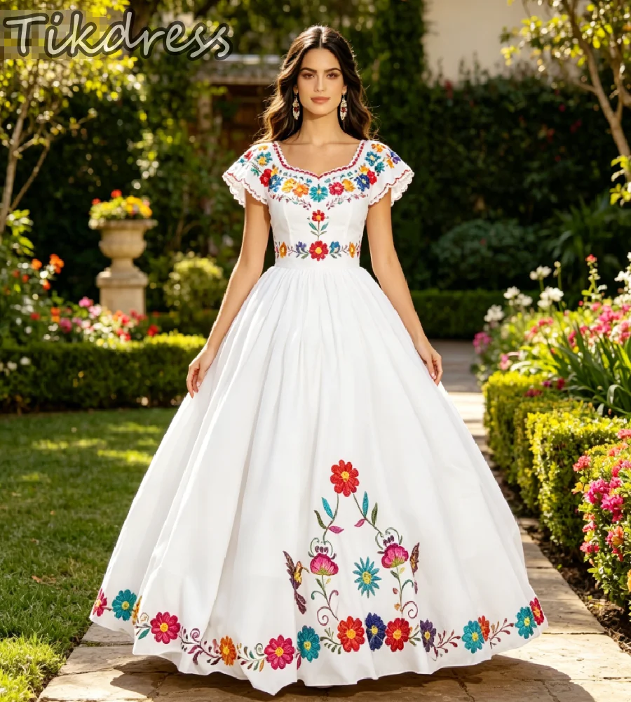 Ethnic Mexican Embroidered Wedding Dress Off Shoulder Cap Sleeve Colorful Floral Garden Country Bridal Gowns Vibrant Multicolor