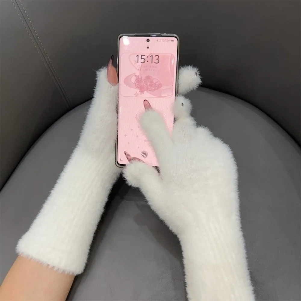 かわいいタッチスクリーン編み手袋厚く暖かい弾性ソフトぬいぐるみ手袋すべての指ニットミトン秋冬用