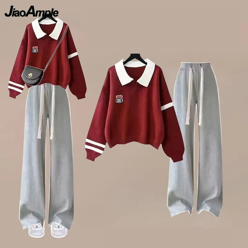 Girls\' Autumn Winter New Casual Tracksuit Matching Set Korean Elegant Loose POLO Sweatshirt+sports Wide Leg Pants Two-piece Suit