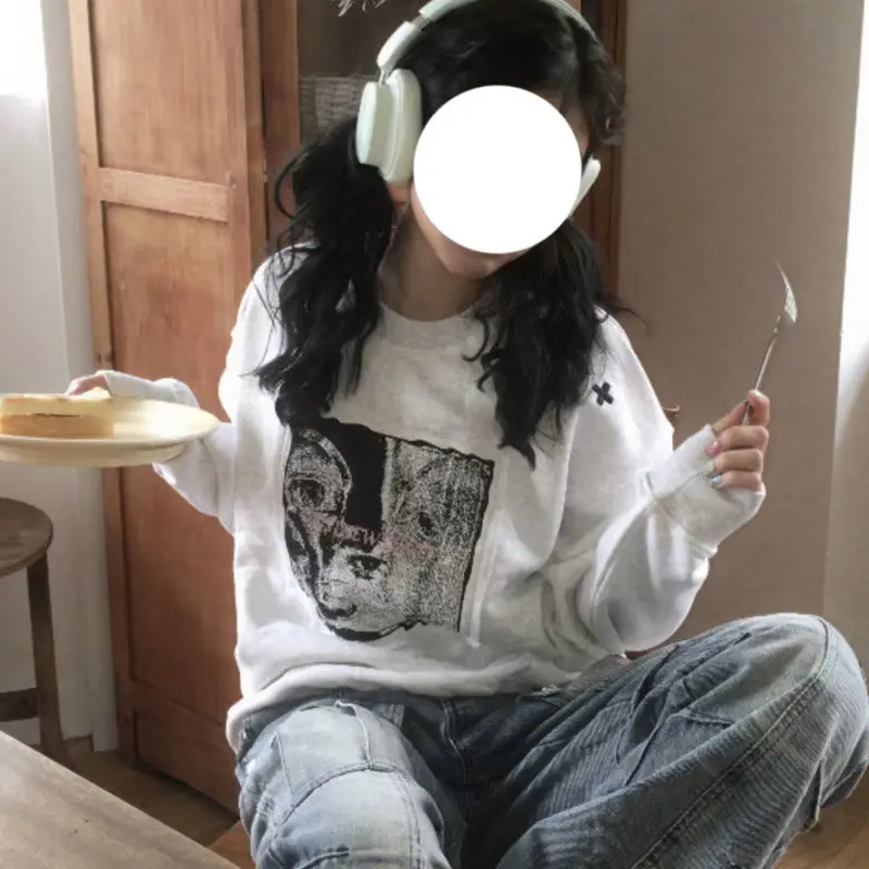 Y2k Graphic Print Patch Sweatshirt Women Autumn Winter O Neck Loose Sports Tops American Vintage Long Sleeve Streetwear