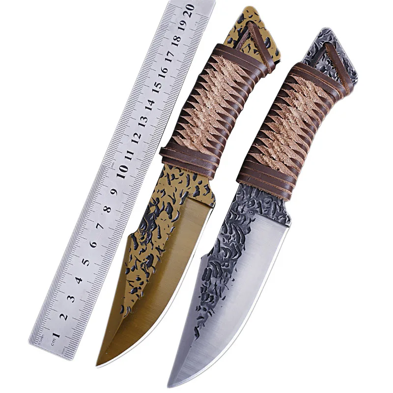 5MM Thickness 7CR17MOV Integrated Keel  58 HRC Cowhide Woven Rope Wild Survival Fixed Blade Camping Hunting knife