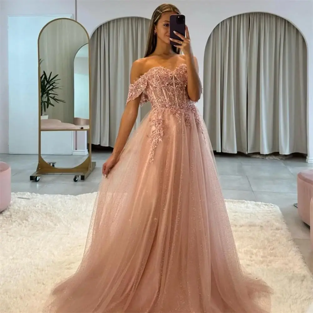 

Off The Shoulder Tulle Prom Dresses Lace Applique A Line Long Sparkly Formal Evening Party Gowns