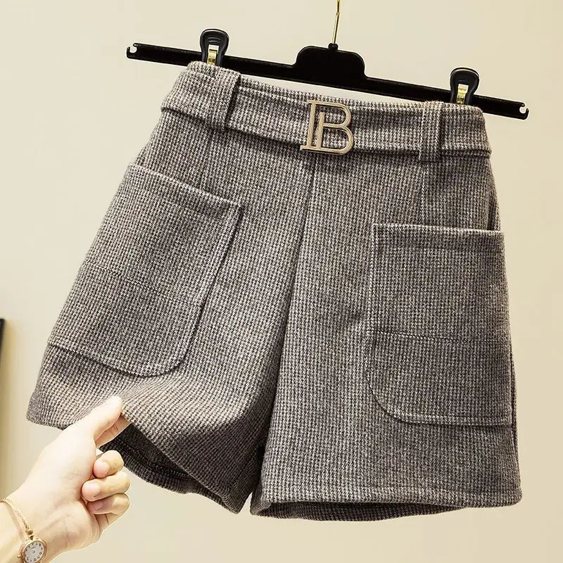 Women's Solid Elastic Waist Pockets Sashes Sequined Wide Leg Pants Autumn Winter New Korean Loose High Waited All Match Shorts