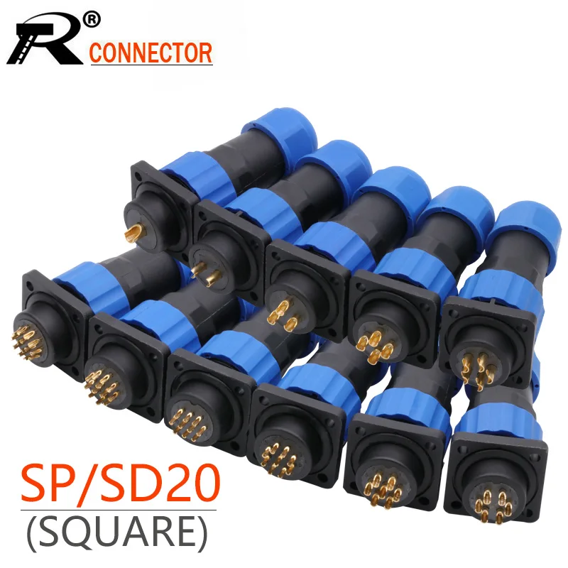 

10 компл./лот, IP68, водонепроницаемая, SP20, SD20, авиационная розетка, штекер + гнездо, 20 мм, 1/2/3/4/5/6/7/9/10/12/14 контактов, 4 отверстия, квадратное крепление на панель