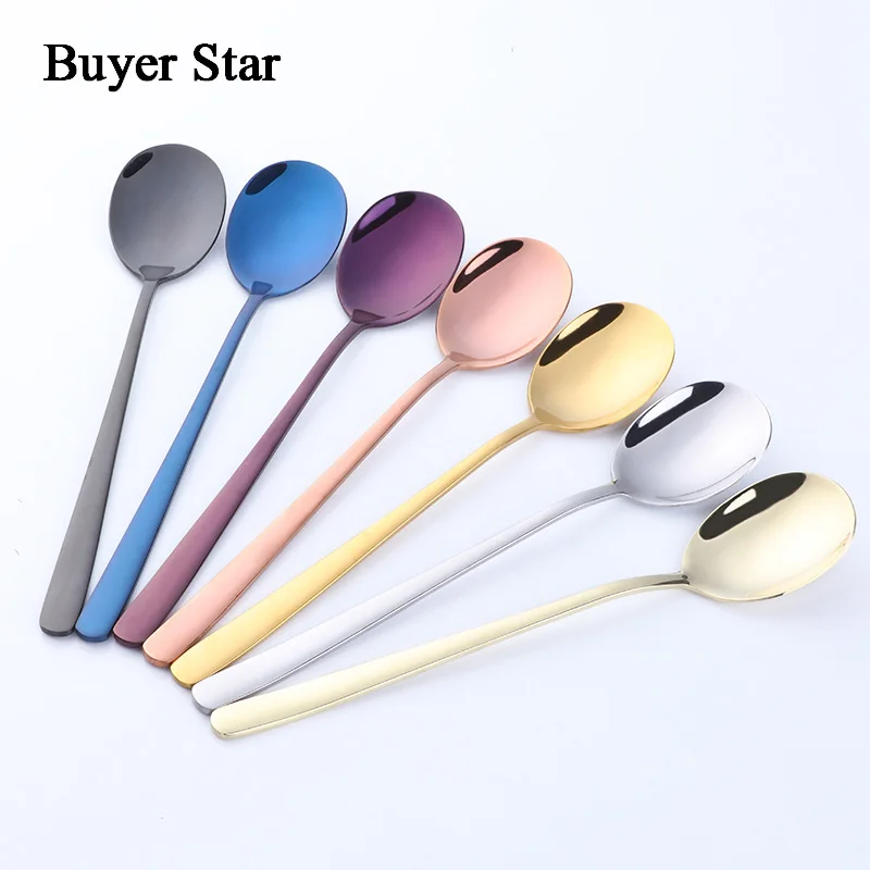 

Buyer Star 21cm Stainless Steel Dinner Spoon 6-Piece Colorful Rainbow Long Handle Ice Cream Dessert Tea Coffee Spoon Flatware