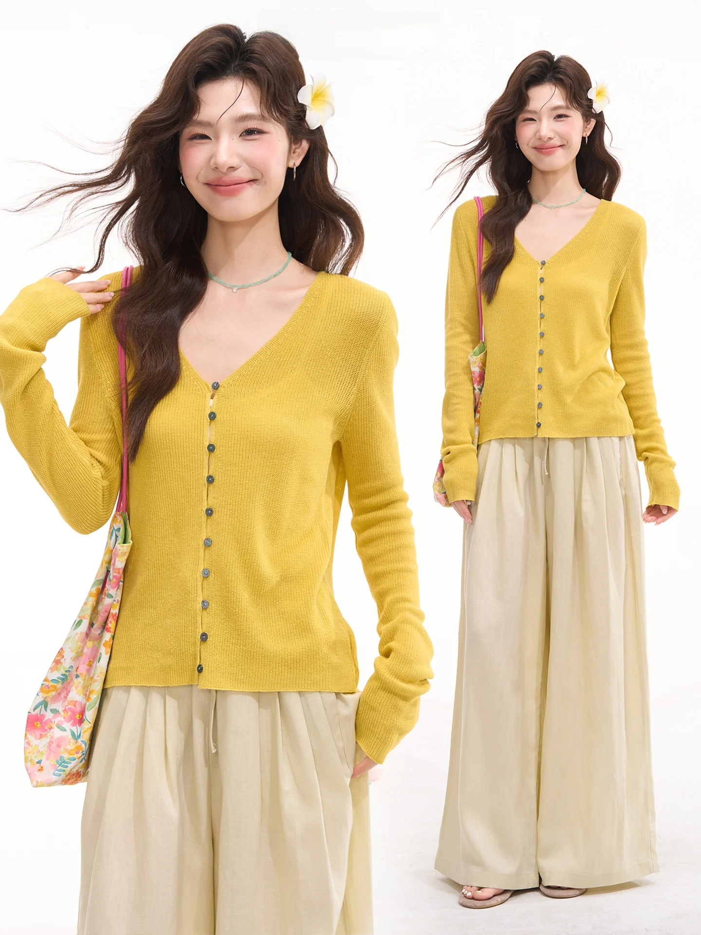 

Heme Casual V-Neck Knitted Open Cardigan Women's Summer Top Versatile Simple Linen Blend Soft Medium Gauge Long Sleeve