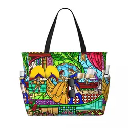 Custom Beauty And The Beast Beach Tote Bag for Women Belle Princess Big Compartment Gym Beach Travel Bags