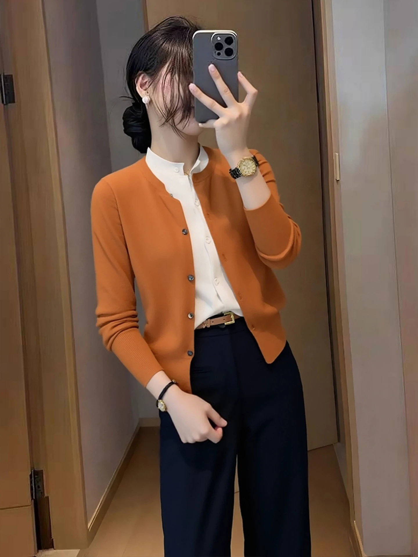 عارضة فضفاضة المرأة محبوك قبعة قطعتين اللون بلو سترة الخريف تخفيف Sle طويلة Sve جولة Ne المفتوحة سترة #1