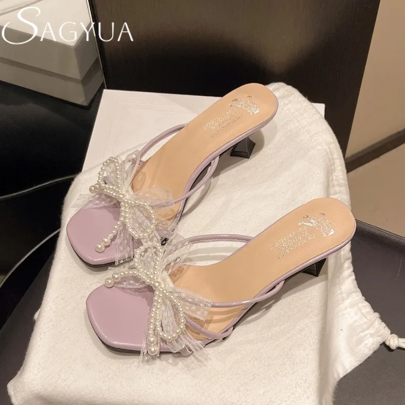 

Bead Women Slippers Lace Bow Square Toe High Heels Shoes Woman Heeled Sandals 2025 Fashion Pumps Summer Dress Elegant Slides
