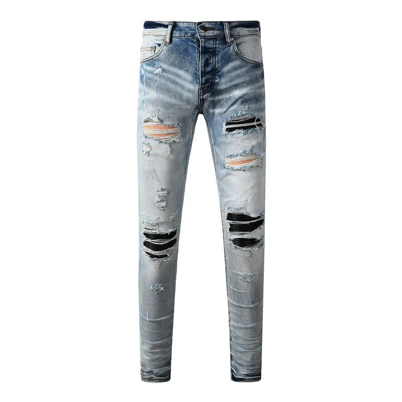 

Y2k designer's new denim jeans, washed nostalgic retro black leather patch elastic slim fit light blue jeans, high street hip-ho
