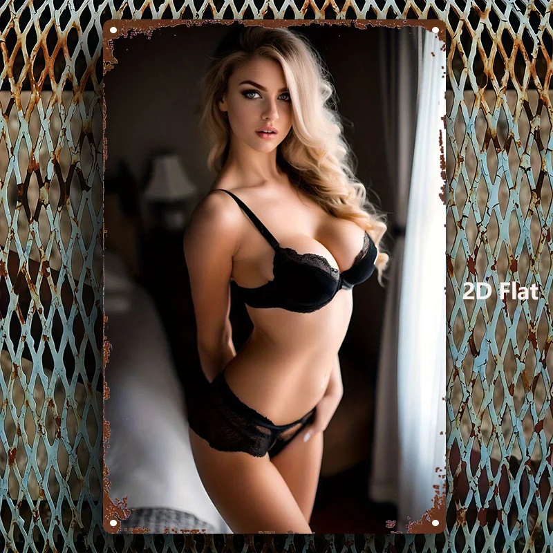 Vintage Rusty Metal Tin Sign, Blonde Woman Black Lace Lingerie Indoor Bedroom Scene Wall Decor For Man‑Cave Garage Bar
